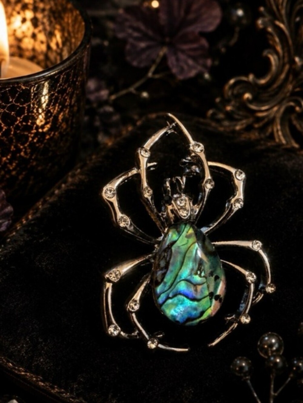 Abalone Spider Brooch With Iridescent Green Accent